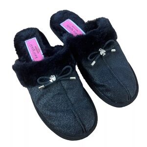 Kate Spade Lacey Faux Fur Bow Charm Black Hard Sole Slippers SZ 7.5